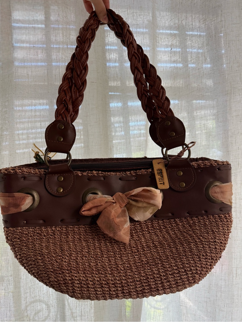 Esprit Brown Braided-Handle Straw Tote with Scarf Detail